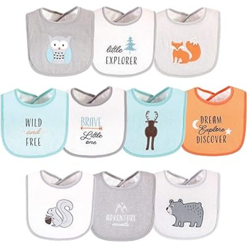 Hudson Baby Unisex Baby Cotton Terry Drooler Bibs with Fiber Filling, Neutral Woodland, One Size