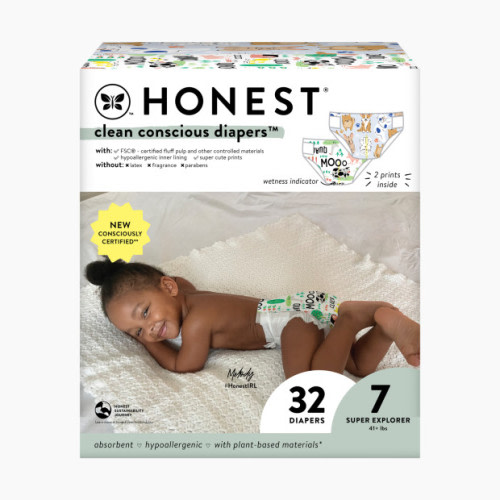 The Honest Company Clean Conscious Disposable Diapers - Barnyard Babies + It's A Pawty, Size 7, 32 Count
