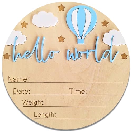 Hello World Newborn Sign - 5.9” Round Wooden Baby Announcement Sign with 3D Hot Air Balloon, Clouds & Stars - Keepsake Birth Gift for Baby Boy’s First Day, Hospital, Shower, or Nursery Décor (Blue)