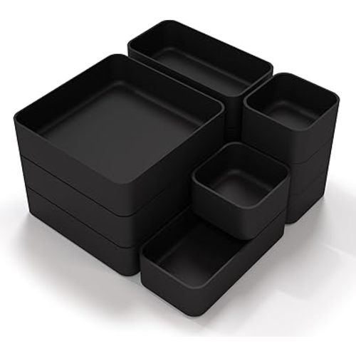 11-Piece Stackable Drawer Organizer Set, Multi-size Desk Drawer Organizer Trays Vanity Storage Bins for Storing Makeup, Stationery, Utensils in Bathroom Dresser, Office and Kitchen