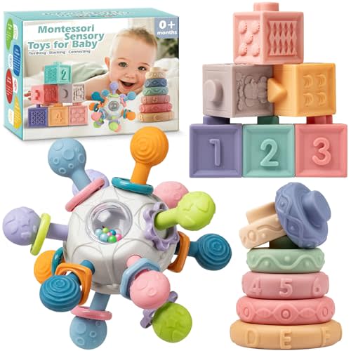 Baby Sensory Teething Toys Set, Montessori Baby Toys 6-12 Months, Incl Newborn Rattle Teether & Baby Blocks & Soft Stacking Rings, Ideal Babies Boy Girl Gifts, Infant Toys 0-3-6-9-12-18 Month