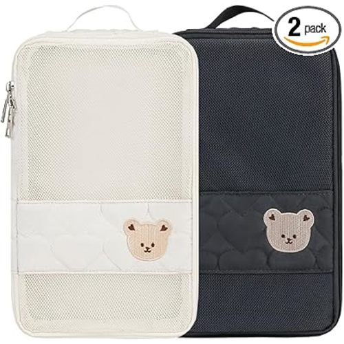 Baby Diaper Bag Organizer Pouches - 2 Pack Waterproof Pod Hanging Diaper Bag Cute Bear Mesh Bag Reusable, Washable or Baby Cloth Diapers (Green&Pink)