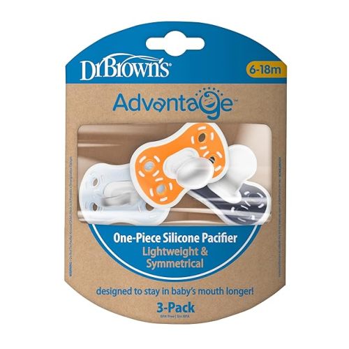 Dr. Brown's Advantage One-Piece Silicone Baby Pacifier, Fully Symmetrical Soother, Dark Blue/Light Blue/Orange, 6-18m, BPA Free, 3 Pack
