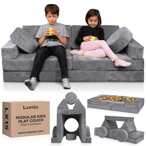 Lunix LX15 14pcs Modular Kids Play Couch, Child Sectional Sofa, Fortplay Bedroom and Playroom Furniture for Toddlers, Convertible Foam and Floor Cushion for Boys and Girls, Steel Gray