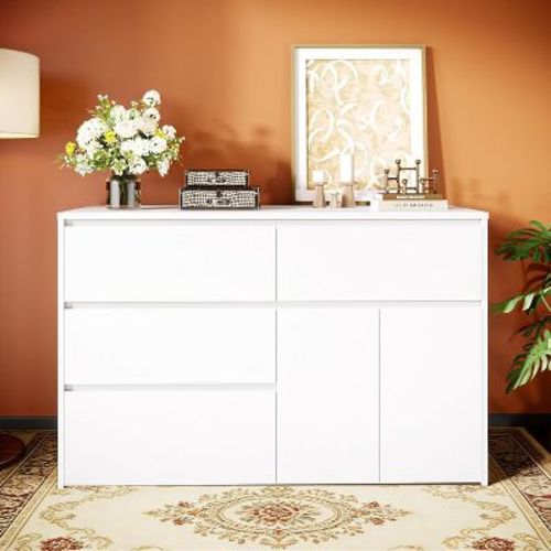 VINGLI White Dresser with 4 Drawers and 2 Doors, Dresser White Chest of Drawers for Bedroom, 46.85" W*15.75" D*29.92" H