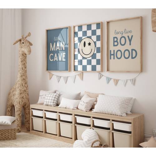 Little Man Cave, Long Live Boyhood ,Boho Blue Nursery, Checkered nursery Poster, Baby Boys Kids Room Decor, Toddler Poster, shared room