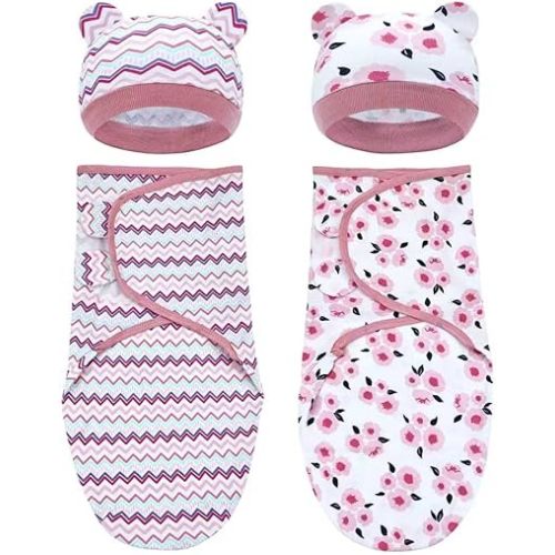 Dizila 2 Sets Adjustable Soft Cotton Blend Newborn Infant Baby Girl Receiving Swaddle Blankets Sleep Sacks with Matching Nursery Hats Caps Beanies Bonnets (Set 3)