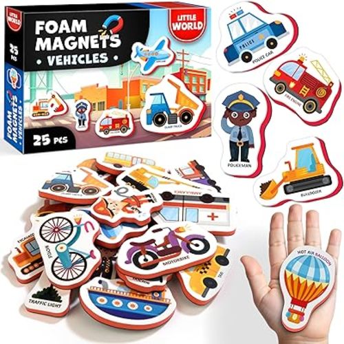 Little World Large Set of Safe and Durable Fridge Magnets for Toddlers 1-3 - Refrigerator Magnets for Kids – Baby Magnets for Refrigerator 1 Year Old - Vehicles Magnets for Toddlers 1-2
