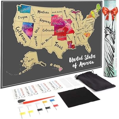 JARLINK Scratch Off USA Map Poster, 12x17 inches United States Map with Unique Accessories Set, Personalized Travel Poster, Gift for Travelers