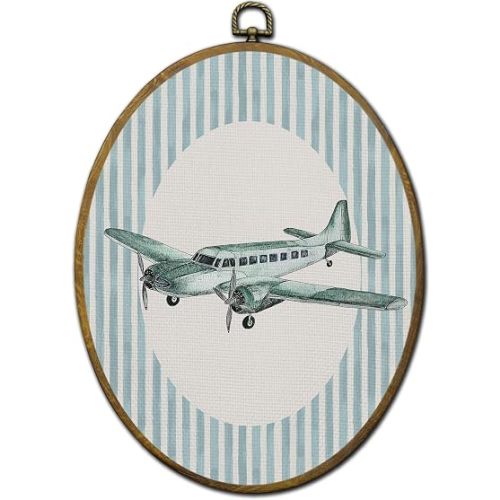 QZQE Vintage Airplane Nursery Oval Wall Art Decor Framed, Boys Room Oval Canvas Prints, Blue Striped Airplane Wall Hanging Decor for Kids Toddler Boys Room Bedroom Playroom, 8.6x11.4 Inch