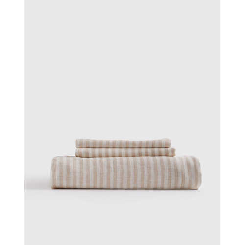 European Linen Fitted Sheet Set in Natural/White Stripe