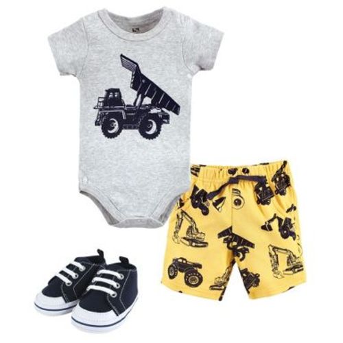 Hudson Baby Infant Boy Cotton Bodysuit, Shorts and Shoe Set, Construction Trucks, 9-12 Months