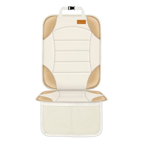 Siivton Car Seat Protector for Child Car Seats, Waterproof 600D Fabric Car Seat Cover, Non-Slip Backing, Thick Padding, Mesh Pockets for Storage, Protects Leather & Fabric Upholstery (Off-White)