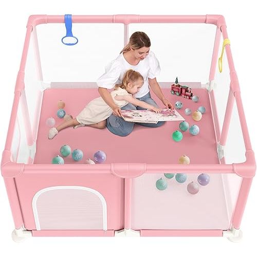 Baby Playpen 52×52 Inch, Small Playpen for Babies and Toddlers Playards Indoor & Outdoor Safety Gate Floor Play Pen, Baby Play Area with Soft Breathable Visible Mesh, Anti-Fall, Pink