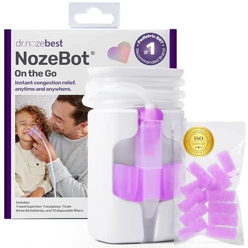 Dr. Noze Best NozeBot On The Go Nasal Aspirator - Pediatric ENT Designed Electric Nose Sucker for Babies and Toddlers, Portable and Easy to Clean, Battery Powered Relief for Mild Congestion