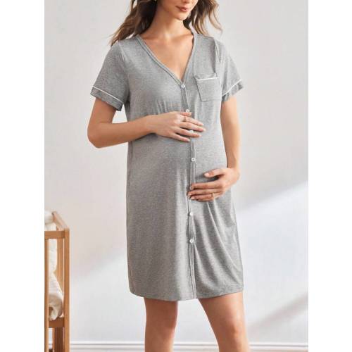 BloomMama Maternity Solid Color V-Neck Short Sleeve Pocket Single-Breasted Casual Dress Maternity Sleepwear | SHEIN USA