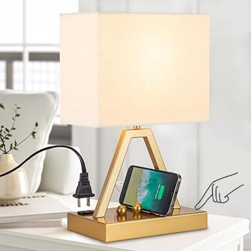 Briever Touch Control Table Lamp, 3-Way Dimmable Desk Lamp with USB C & USB A and AC Outlet, Bedside Lamp with Phone Stand and Fabric Shade for Bedroom, Living Room,Bulb Included, Gold