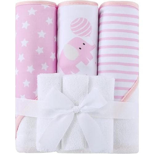 Viviland 6 Pcs Hooded Baby Towels and Washcloths Set, Super Gentle Bath Towels for Newborn Face & Body, Absorbent Wash Cloth for Infants Girls, Pink-Elephant Pattern, 28 x 28 inch