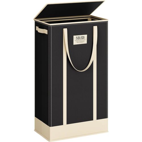 SOLEDI Slim Laundry Hamper with Lid,Collapsible Narrow Laundry Basket with Handles,Tall Skinny Dirty Clothes Hamper for for Laundry Room,Dorm,Bathroom,Bedroom,and Small Spaces, 53L Black