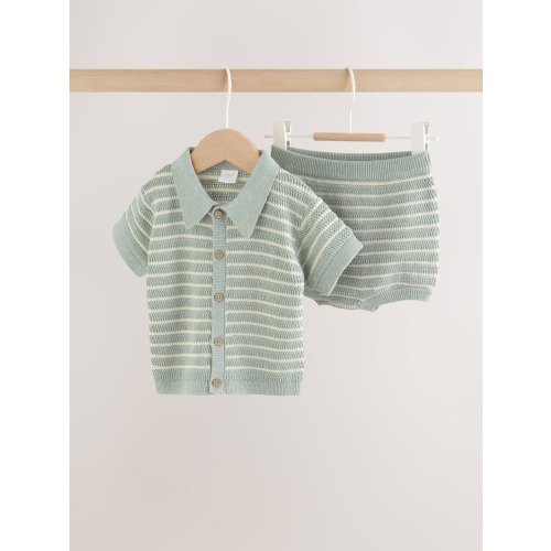 Sage Green Stripe Knitted Top and Shorts Baby Set (0mths-2yrs)