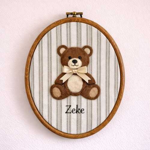 Needle Felt Teddy Bear Embroidery Hoop,Custom Name Nursery Wall Art,Baby Shower Gift