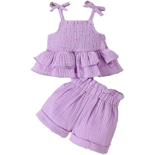 VARMILO Toddler Girls Short Sets,Single Shoulder Ruffle Tank Top and Floral Bow Shorts Set for Summer Casual Wear