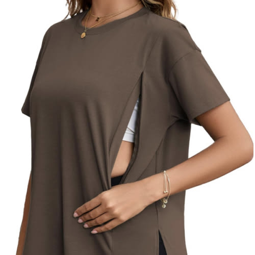 Ecavus Women's Oversized Nursing Shirts for Breastfeeding with Hidden Zipper Short Sleeves Side Splits Maternity Tops