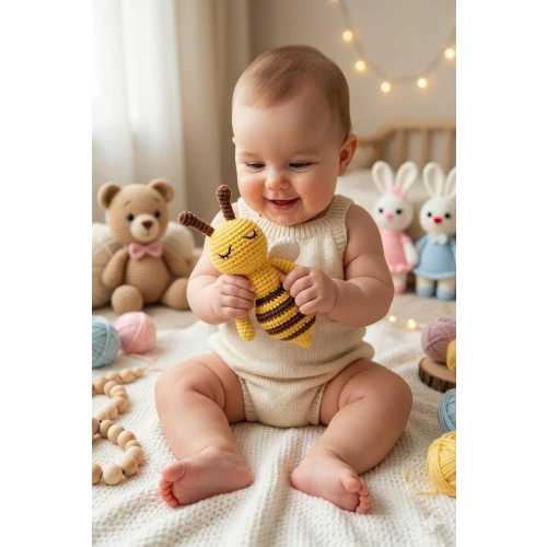 Crochet Bee Rattle: Organic Cotton Montessori Baby Toy