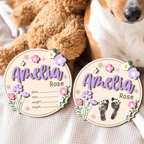 Wildflower Baby Announcement Sign: Wooden Newborn Name Plaque