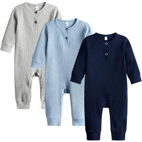 Bafeicao Baby Boy Girl 3 Pack Solid Romper Ribbed Long Sleeve