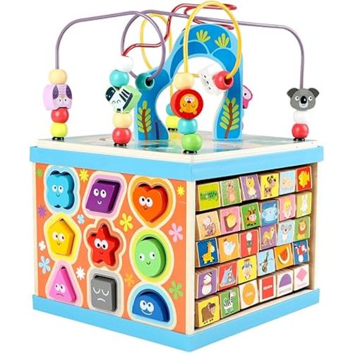 Qilay Wooden Activity Cube for Toddlers, 5 in 1 Multipurpose Abacus Early Educational Montessori Toys, Learning Toys for Kids | Bead Maze, Great for Boys Girls