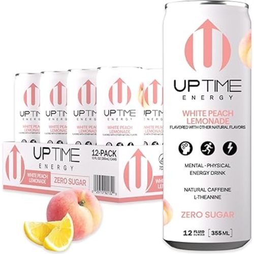 UPTIME Energy Drink, White Peach Lemonade Sparkling, 12 Pack, Vitamin C, L Theanine, Calcium, Sugar Free Energy Drinks for Focus Support, 142mg of Natural Caffeine, 5 Calories, Clean, 12 fl oz Cans