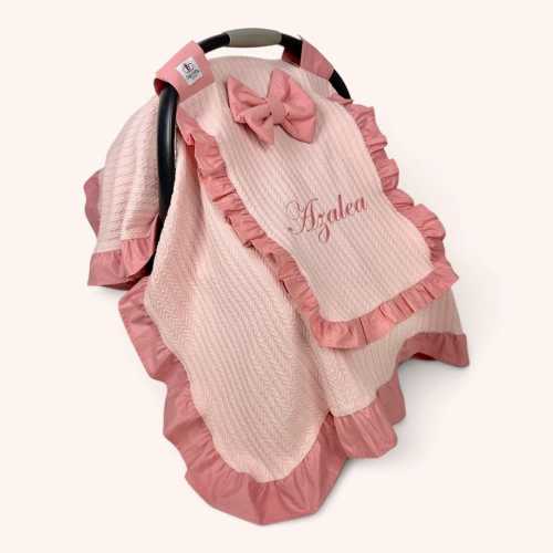 Personalized Blush Baby Car Seat Cover, Ruffled Cotton Canopy, Custom Embroidery, Baby Girl Gift