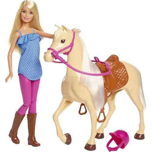 Barbie Doll, Blonde, Wearing Riding Outfit with Helmet, and Light Brown Horse with Soft White Mane and Tail, Toy for 3 to 7 Year Olds