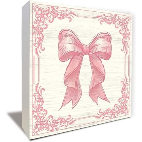 Pink Bow Coquette Wooden Box Sign, Coquette Room Decor, Dorm Room Essentials for Girls, Girly Ribbon Bow for Girls Room Dorm College Bedroom Desk Shelf Tabletop Decoration 5 x 5 Inch