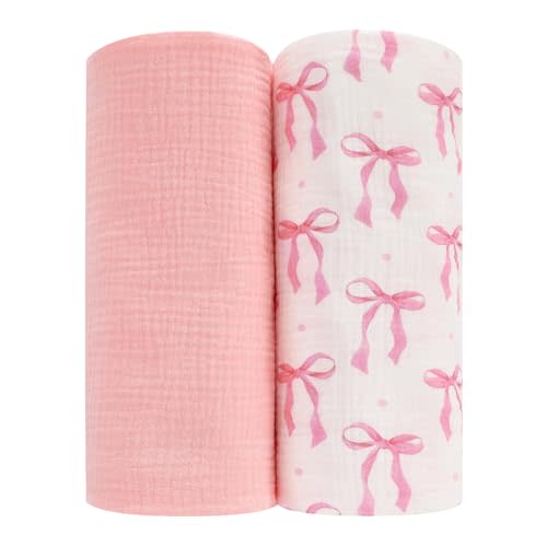 Moukeren 2 Pack Muslin Swaddle Blankets for Newborns Pink Bow Baby Blanket, 47 x 47 Inch 100% Cotton Soft Breathable Receiving Blankets Pink Bow Muslin Swaddles for Infant Baby Newborns