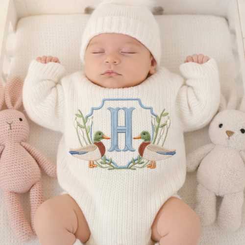 Embroidered Custom Baby Name Knit Romper, Mallard Duckling Baby Boy Bodysuit, Baby Shower Gift, Embroidery Baby Set, Hunting Baby Romper.