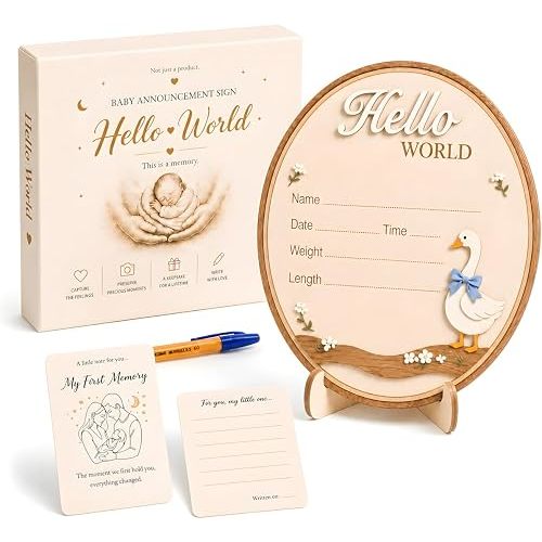 Baby Announcement Sign – Hello World Newborn Sign in 3D Wood with Sweet Blue Goose Detail for Hospital Photos, Nursery Décor & Baby’s First Precious Moments