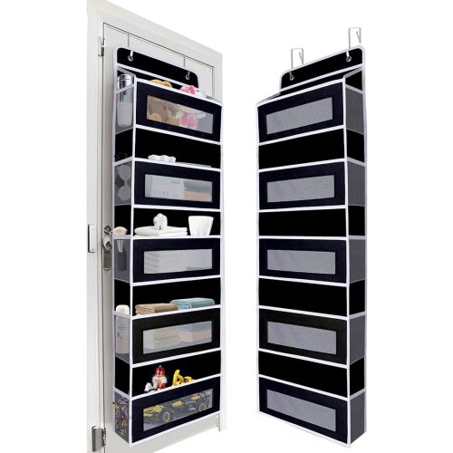 Over The Door Organizer 44LB Capacity with 5 Large Pockets & 10 Mesh Side Pockets, Clear Window Anti-Tilt Hanging Storage for Nursery, Bathroom, Pantry - Dark Grey, 1 Pack