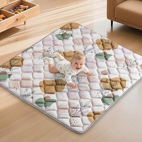 47x47IN Baby Play Mat - Tummy Time Mat for Babies 6-12 Months - Non-Slip Safe Crawling Mat for Indoor & Outdoor - Soft Foam Foldable Cushion Babycare Playmat for Kids Playpen & Machine Washable, Boho