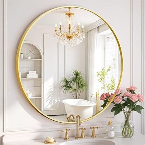 Round Wall Mirror 24 Inch Gold Vanity Mirror with Metal Frame, Modern Circle for Bathroom, Entryway, Bedroom, Living Room, Wall Mounted Decorative Mirrors