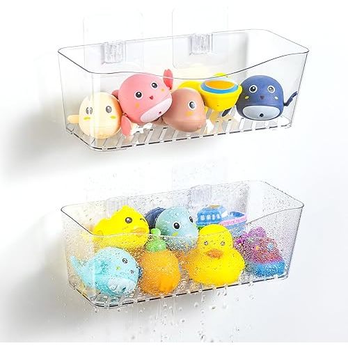 MIUKAA 2 Pack Large Bath Toy Storage Organizer, Clear Bath Toy Holder for Bathtub, Plastic Shower Toy Holder, Fast drainage, No Drilling Required, Easy to Install