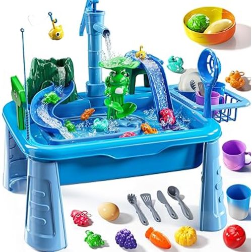 Water Table Play Sink Toy for Kids 2 3 4 5 6 Years Old - Outdoor Kitchen with Running Water, Fishing Games, Toddler Water Play Table for Kids Ages 3-8, Beach Outdoor Toys, Birthday Gifts 2+ 3-5 (Blue)