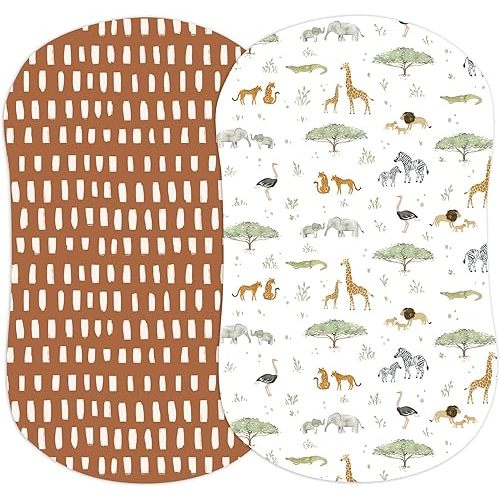 Baby Bassinet Sheets for Boy, Girl (Safari Adventures) 2-Pack - Fitted Bedside Bassinet Sheets - Buttery Soft Cotton Blend for Standard Mattress Pad - Compatible with Halo BassiNest