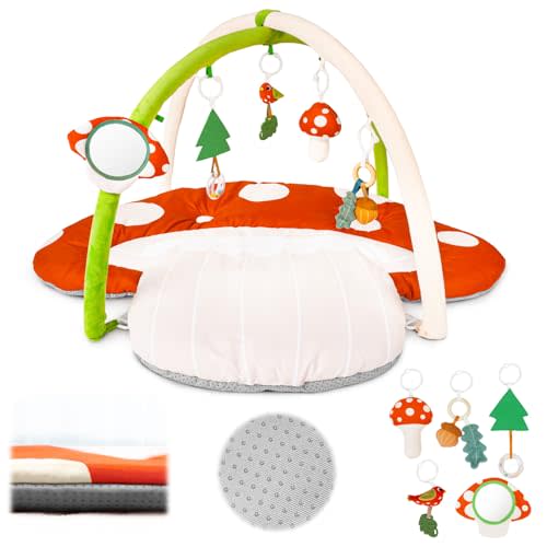 Thickened Baby Play Gym, Machine Washable Playmat | Extra Large Activity Mat, Tummy Time Mat with 5 Detachable Toys for Motor Skills, Non-Slip Bottom, For nursery, Mushroom