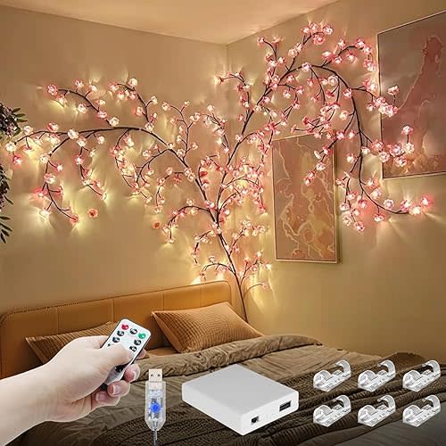 FNHMSL Cherry Enchanted Willow Vine Lights, 5.25FT 72LED Pink Cherry Blossom Tree Branch Lights for Wall, Remote Timer,8 Light Model,Bedroom Wall Doors Wedding, Christmas, USB Battery Box