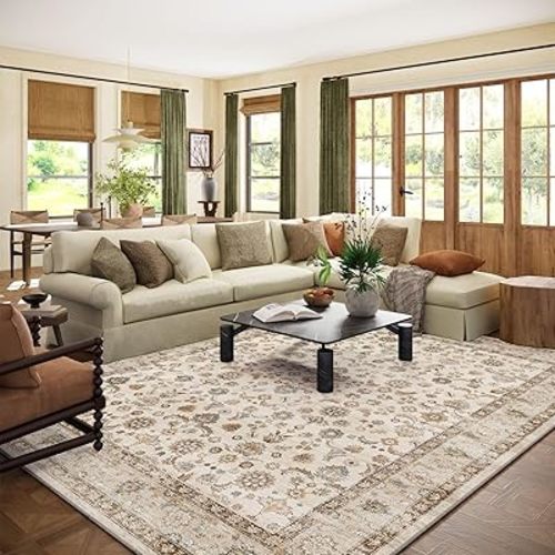 Washable Area Rugs for Living Room: 9x12 Bedroom Rug Boho Vintage Area Rug Stain Resistant Non Slip Low Pile Lightweight Soft Carpets for Dining Room Kitchen Nursery Kids Room Playroom Home Office