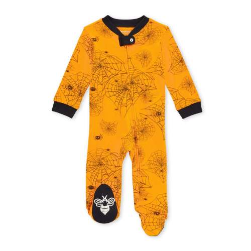 Organic Zip Footie, Orange Spider Webs