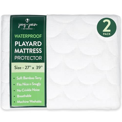 Joey + Joan Waterproof Pack and Play Mattress Pad Protector Cover – Compatible with Graco Pack n Play – 2 Pack Quilted Playard Sheets of Viscose Made from Bamboo – 27" x 39"