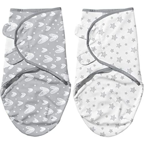 Baby Swaddles 0-3 Months for Boy Girls, Newborn, Organic Cotton Adjustable Blanket, Lovely Grey Print, 2 Pack